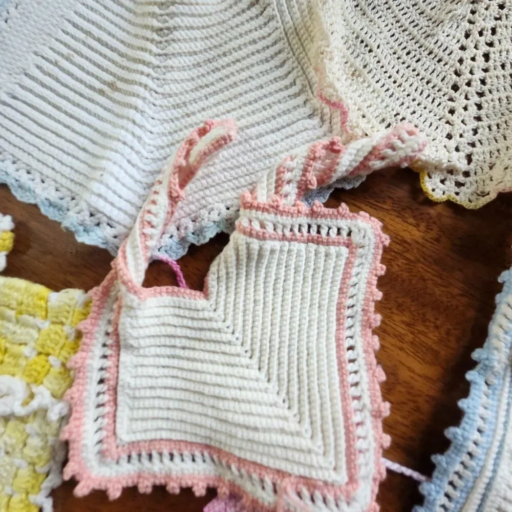Vintage Handmade Crocheted Baby Bibs Lot of 6 Pastel Pink Blue Yellow White